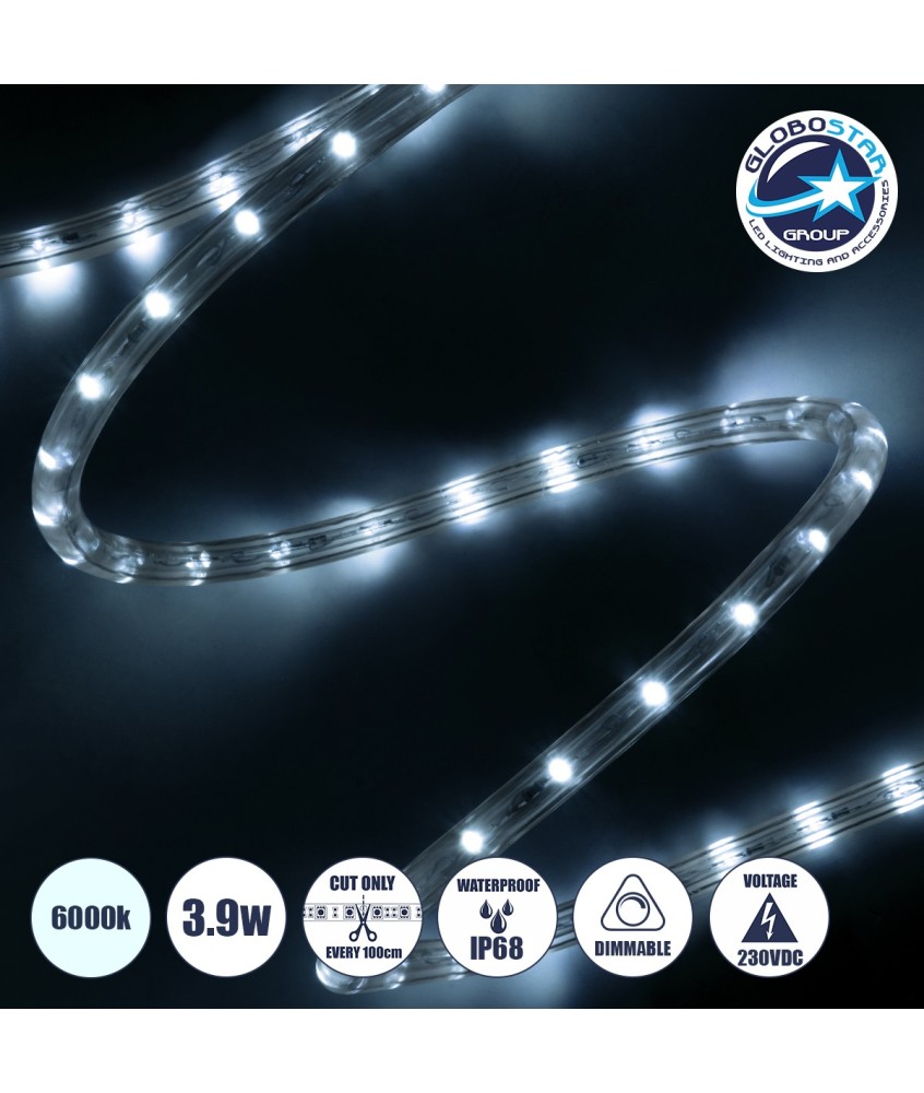 GLOBOSTAR® LIGHTUBE 70600 Φωτοσωλήνας LED 3.9W-m 195lm-m 360° DC 220-240V Αδιάβροχο IP65 36 x Diode Chip-m Ψυχρό Λευκό 6000K Dimmable - Μ100 x Π1.2 x Υ1.2cm - 2 Χρόνια Εγγύηση